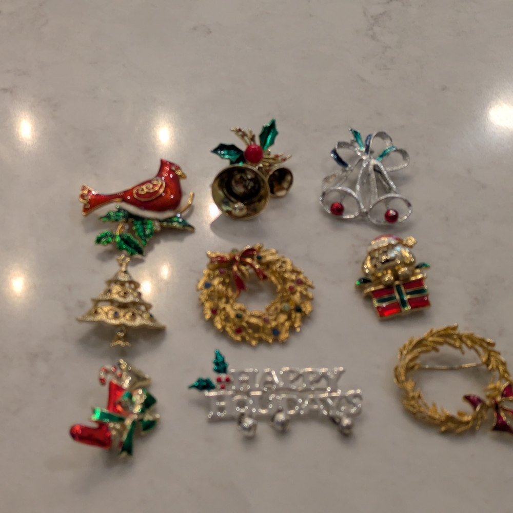Elegant Holiday Brooch Collection - Gold, Red, Green, Silver Set Of 9